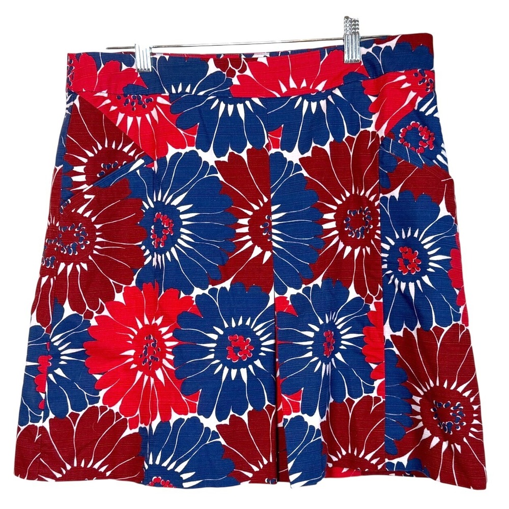 Boden Red Blue White Daisy Floral Mini Skirt Size US 10R Cotton A-Line pockets